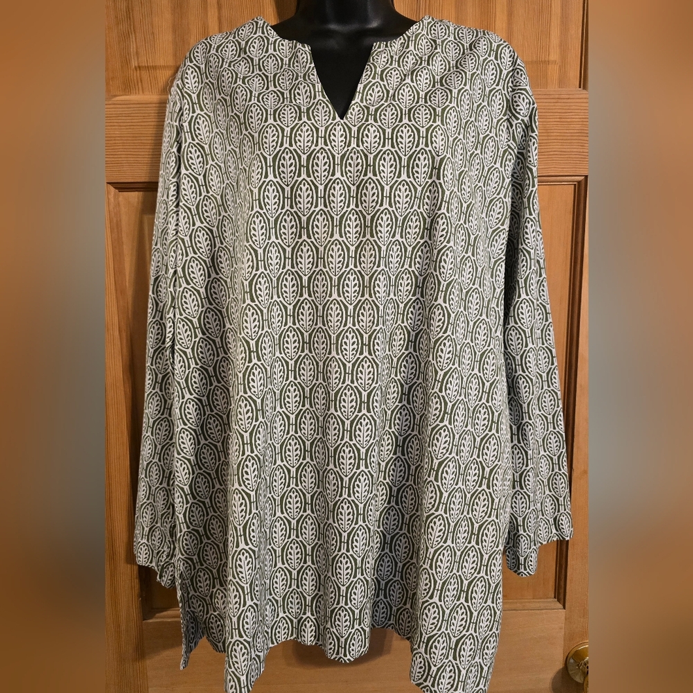 Lands' End Lightweight Leaf Print Blouse Boho Hippie Fall Natural Comfy 1X - Picture 1 of 7